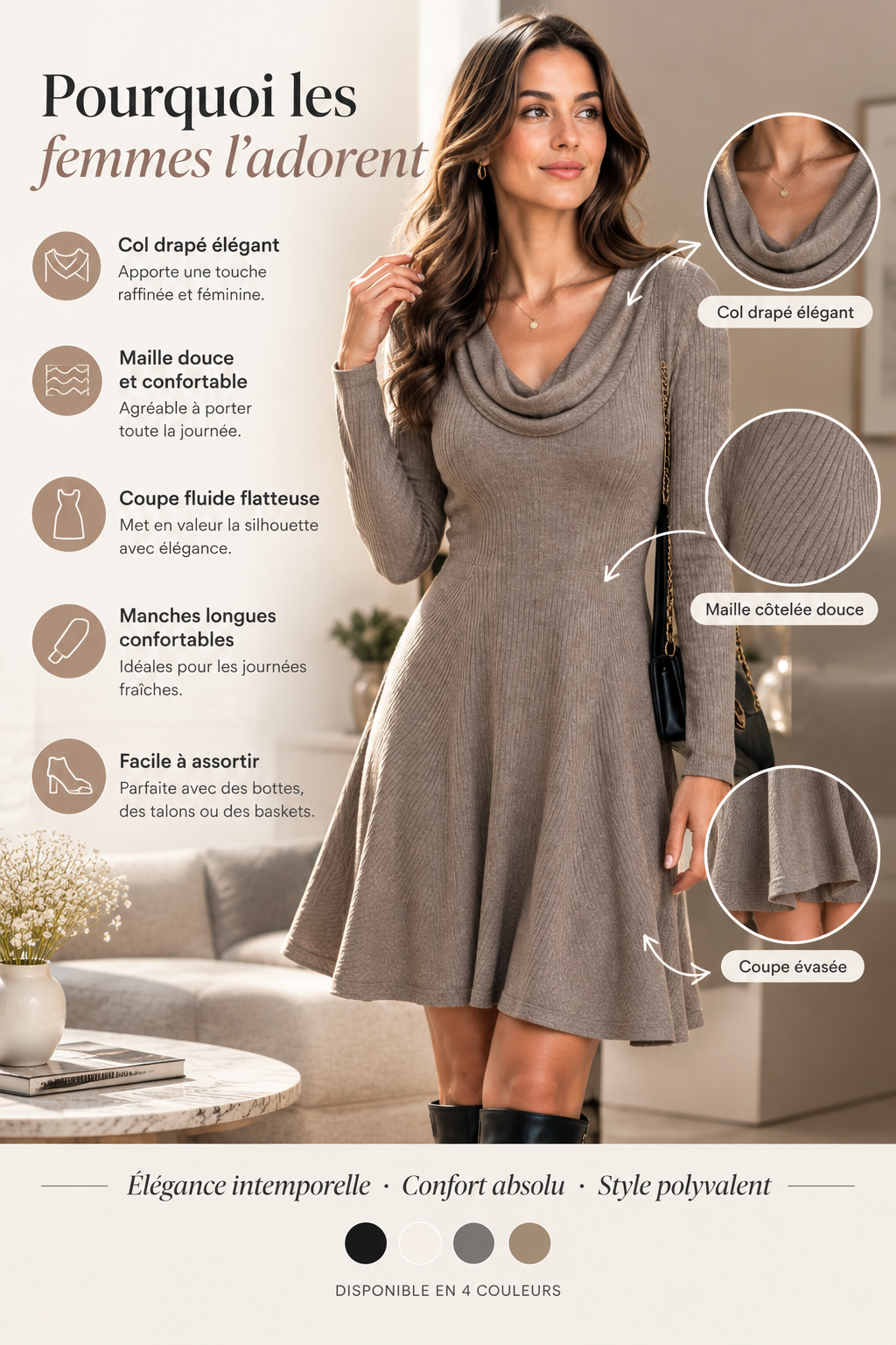 Robe Pull Élégante à Col Drapé et Coupe Fluide