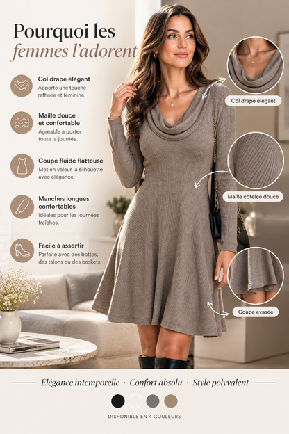 Robe Pull Élégante à Col Drapé et Coupe Fluide