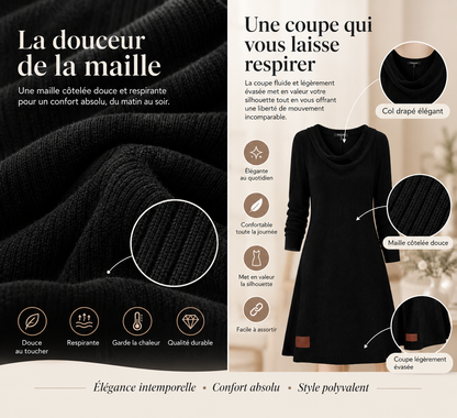 Robe Pull Élégante à Col Drapé et Coupe Fluide