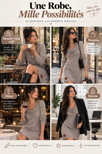 Robe Pull Élégante à Col Drapé et Coupe Fluide
